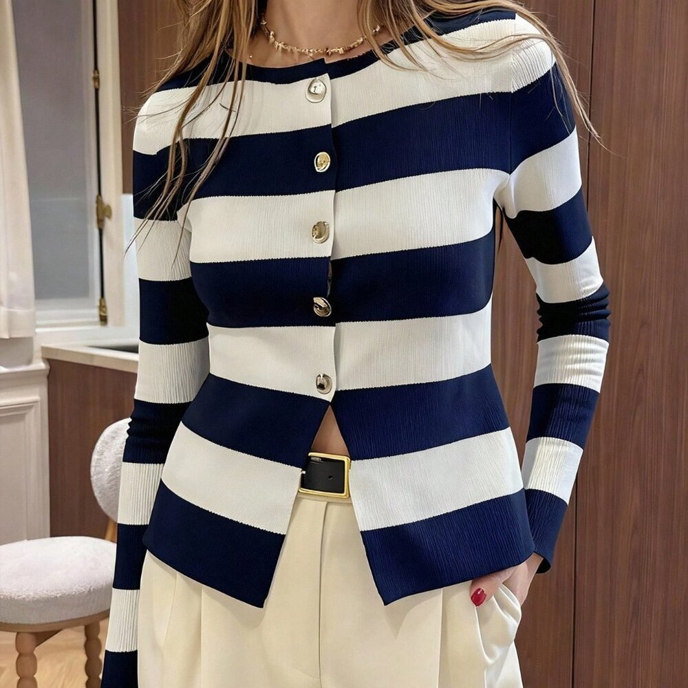 Casual Navy Blue Women's Striped Cardigan